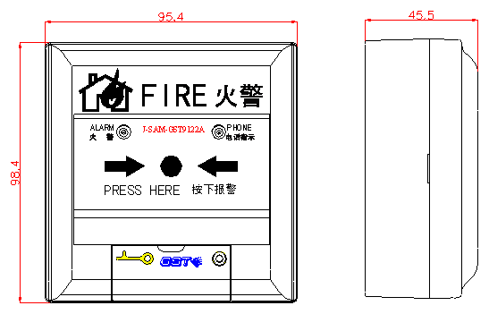 J-SAM-GST9122A手動火災(zāi)報(bào)警按鈕外形示意圖
